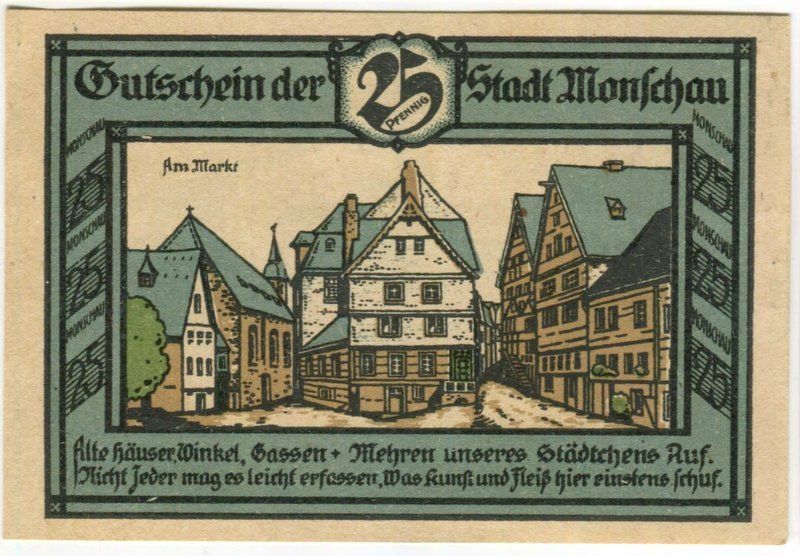 Banconote: Notgeld "25 Pfennig.  Monschau 1921" – Usato da Basel venduto da Butsch5