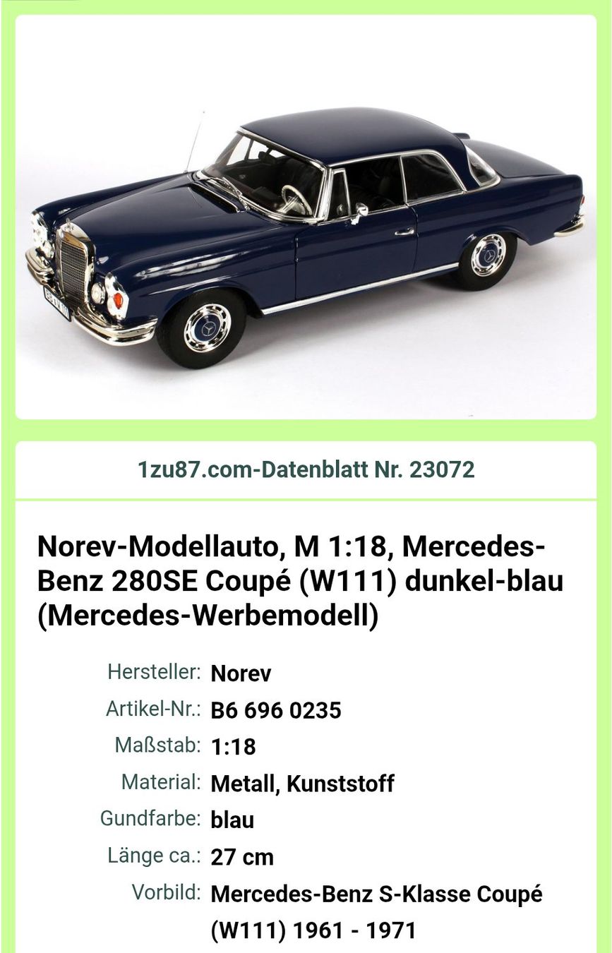 Mercedes-Benz Modellini d'auto: Mercedes W111 280SE Coupe 1/18 – Usato da Sulzbach venduto da MercedesV8 5