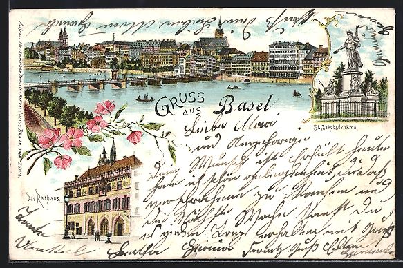 Cartoline postali: Litho Basel, Uferpartie, Rathaus, St. Ja – Usato da Berlin venduto da bartko-reher
