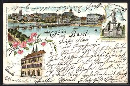 Litho Basel, Uferpartie, Rathaus, St. Ja