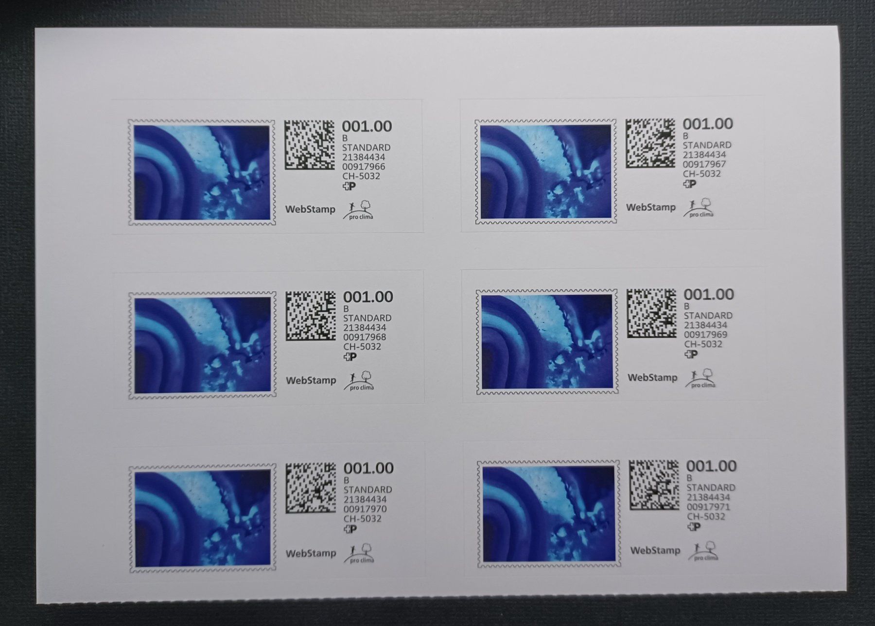 Alle Briefmarken: Privat-WebStamps,  Serie: Blue edition 3 ,  Bogen, à 6 Stk. – Gebraucht aus Aarau Rohr von mgvw