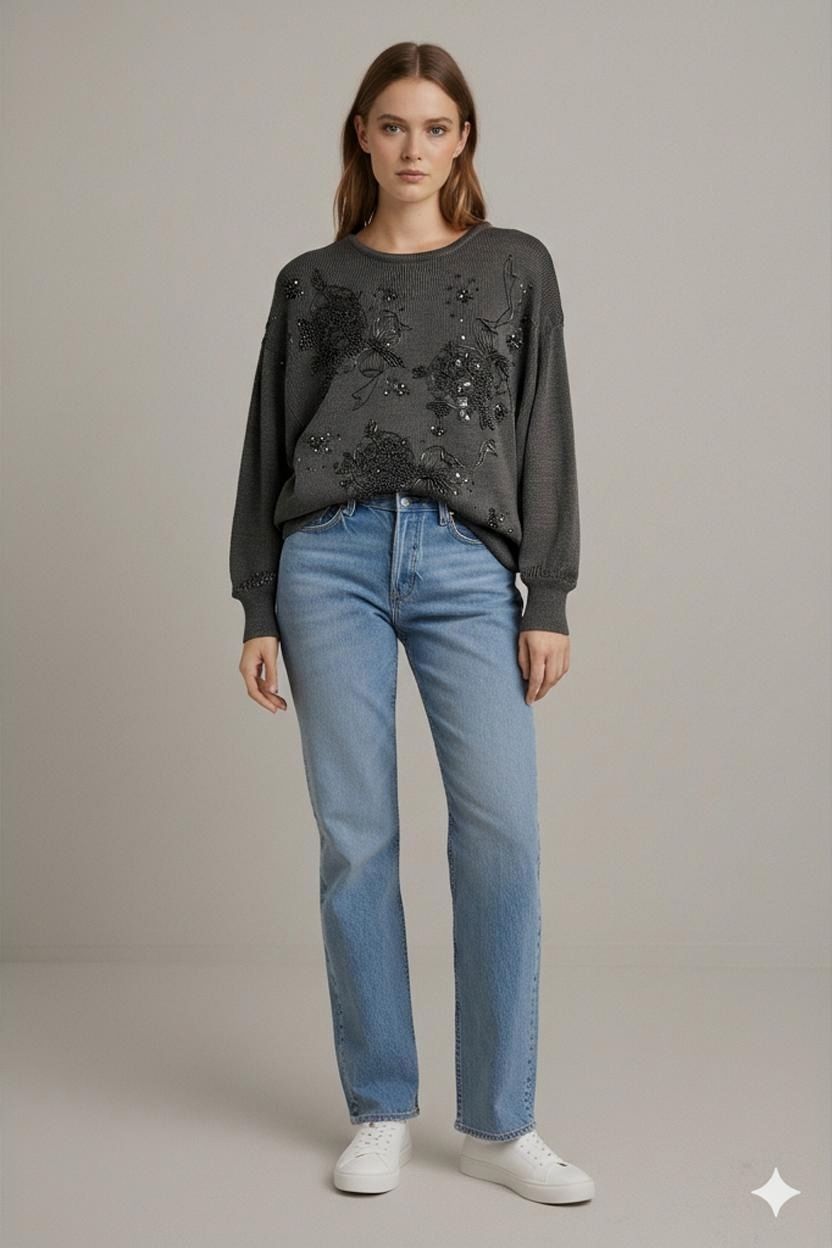 Maglioni & Felpe: Trimmings Grauer Perlenpullover mit Blumenverzierung - – Usato da Zug venduto da vinokilo