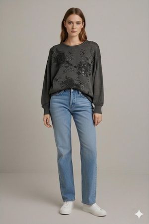 Trimmings Grauer Perlenpullover mit Blumenverzierung -