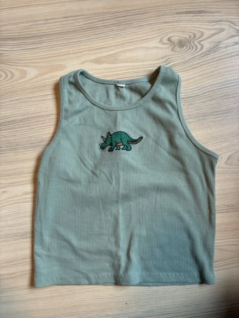 Ribbed Tank Top with Dinosaur Motif Green Size M