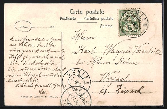 Cartoline postali: AK Schiers, Teilansicht mit Bergen, 1906 – Usato da Berlin venduto da bartko-reher 1