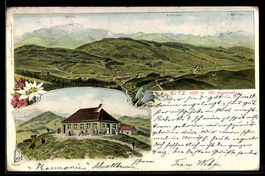 Lithographie Sitz /Appenzell, Panorama mit Gasthaus, Säntis,