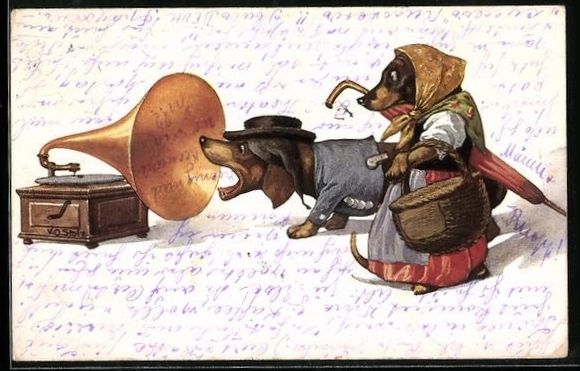 Cartoline postali: Dackel in Kleidung schreit in ein Grammo – Usato da Berlin venduto da bartko-reher