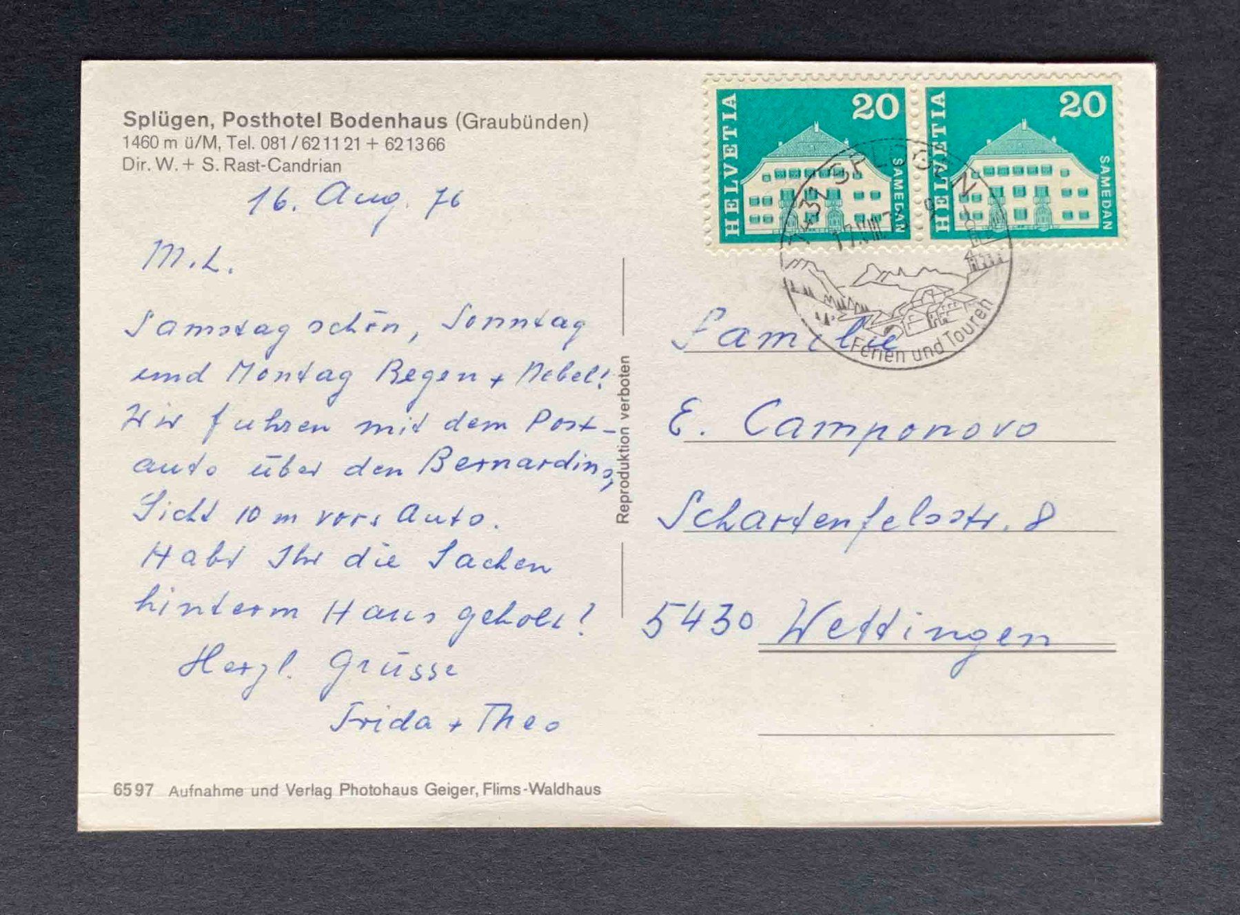 Cartoline postali: AK Splügen Posthotel Bodenhaus Graubünden – Usato da Goldau venduto da artelier1 1