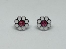 Orecchini a Lobo a Fiore con Smalto Bianco e Glitter Rosa