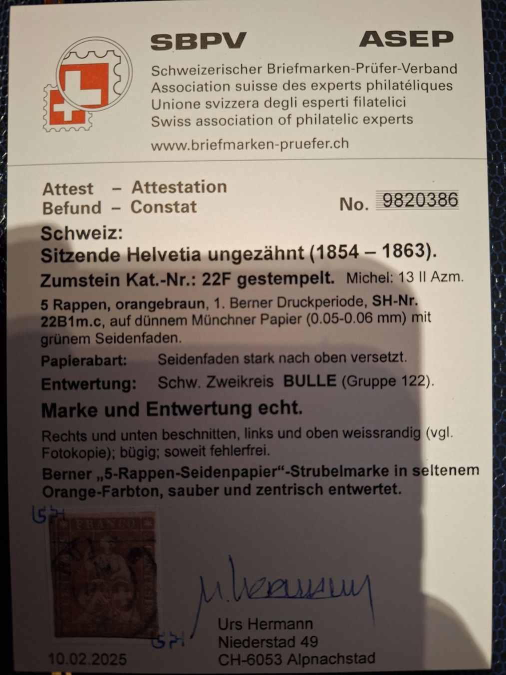 Tutti i francobolli: Strubel 22F mit Attest Kat. 1400.- – Usato da Balgach venduto da SIMEON27 2