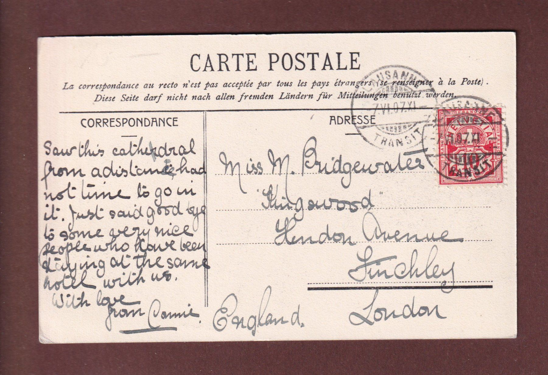 Cartoline postali: LAUSANNE - La Cathédrale - 1907 – Usato da Pully venduto da nicecards 1