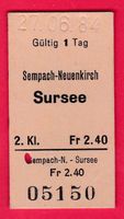 SBB KARTONBILLETT, SEMPACH-SURSEE, EINFACH, 2.KLASSE, 1984