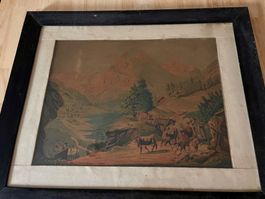 Lithographie Alpaufzug Alt Farben verblichen, gerahmt