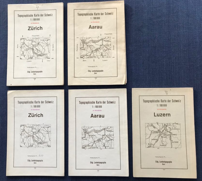 5 Topogr.Karten: Zürich + Aarau je 1936+1948,  Luzern 1944 1