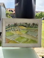 Framed Watercolour Painting of Fields, Signed, 42x56 cm