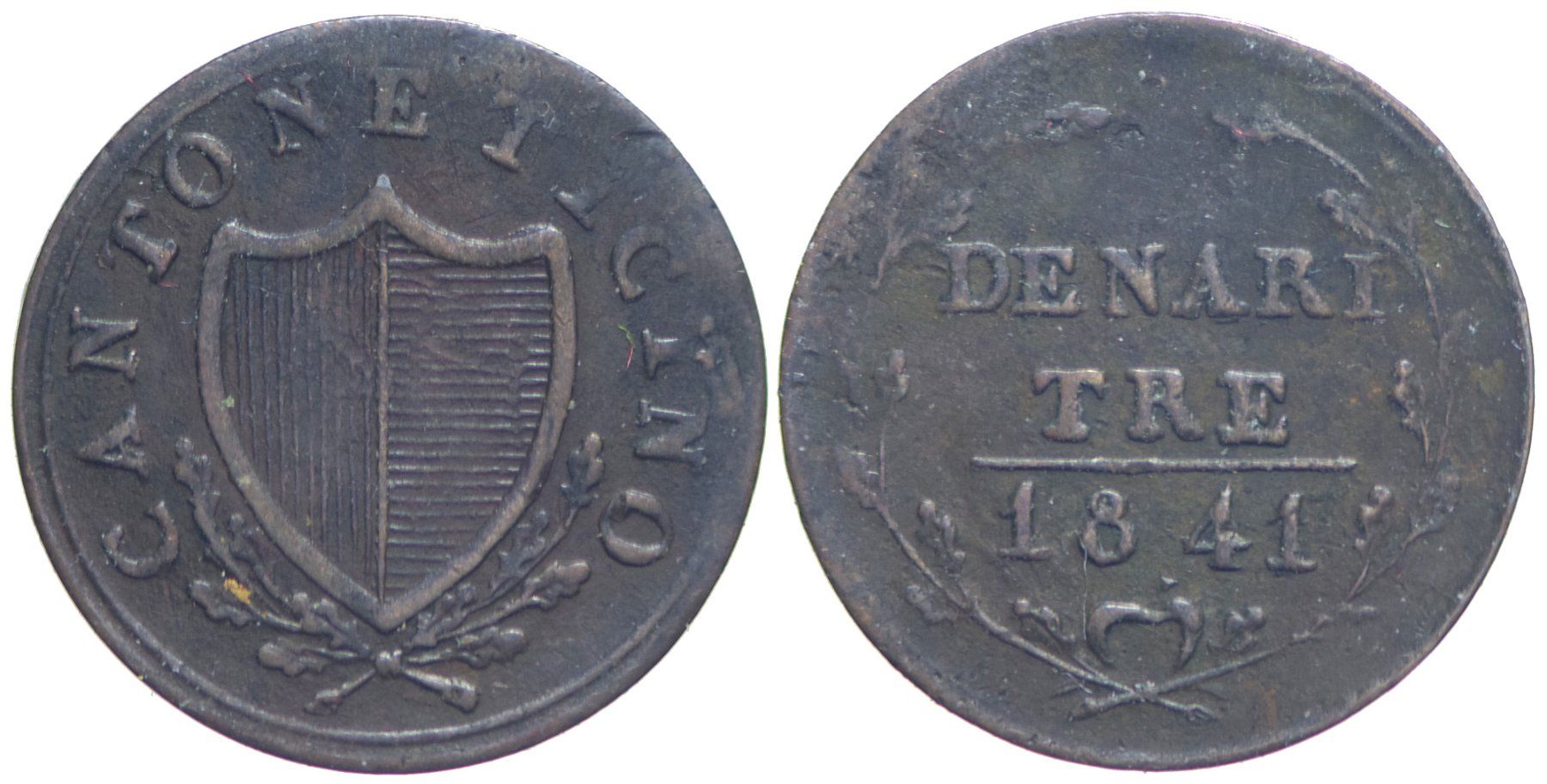 Alle Münzen: Tessin, 3 Denari 1841 – Gebraucht aus Chiasso von Novamarketing