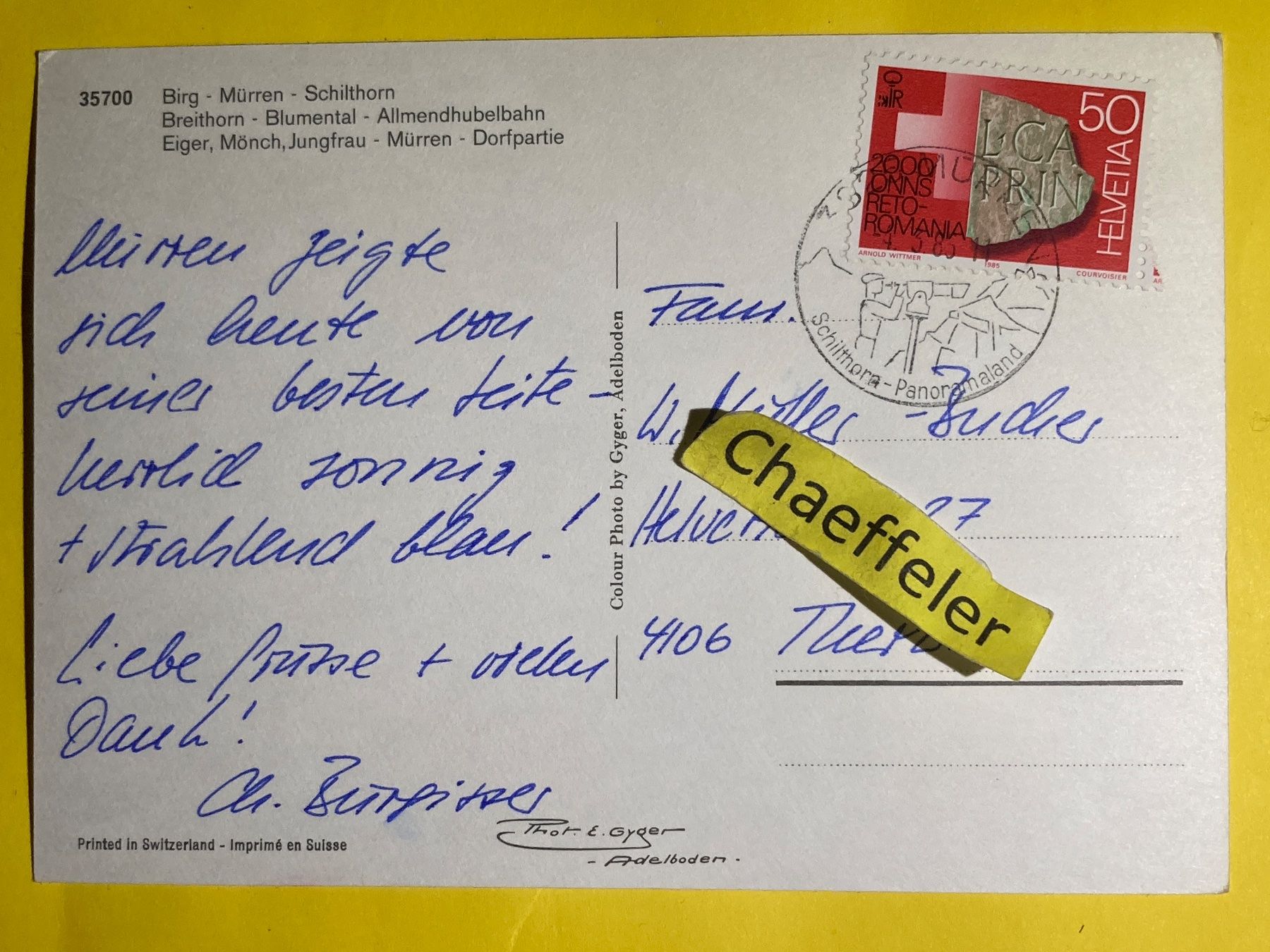 Cartoline postali: 1985 Mürren 1650 m – Usato da Zürich venduto da Chaeffeler 1