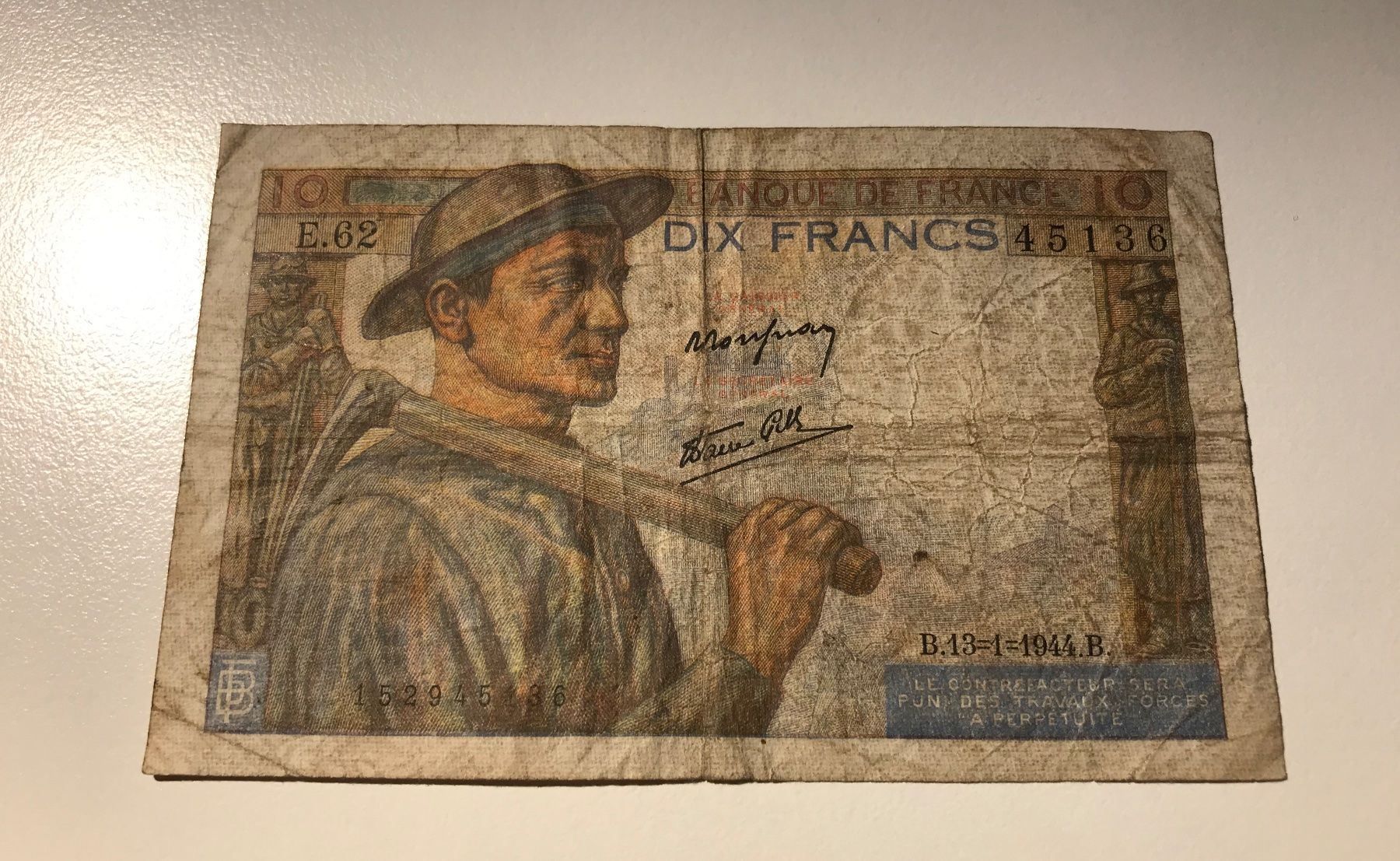 Banconote: Frankreich 10 Francs 1944 – Usato da Algetshausen venduto da Carrhard