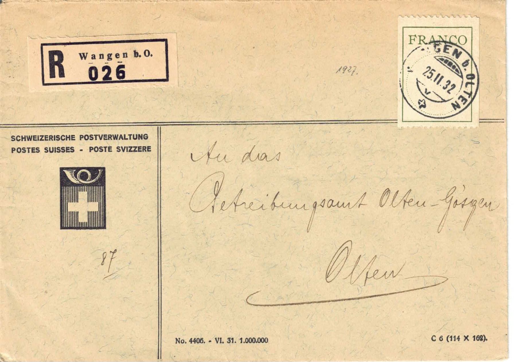 Tutti i francobolli: FRANCO-Brief eingeschrieben 1932 – Usato da Olten venduto da Pjotr8