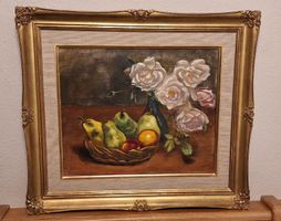 Oelgemälde Blumenstilleben mit Birnen, signiert, gerahmt, 5