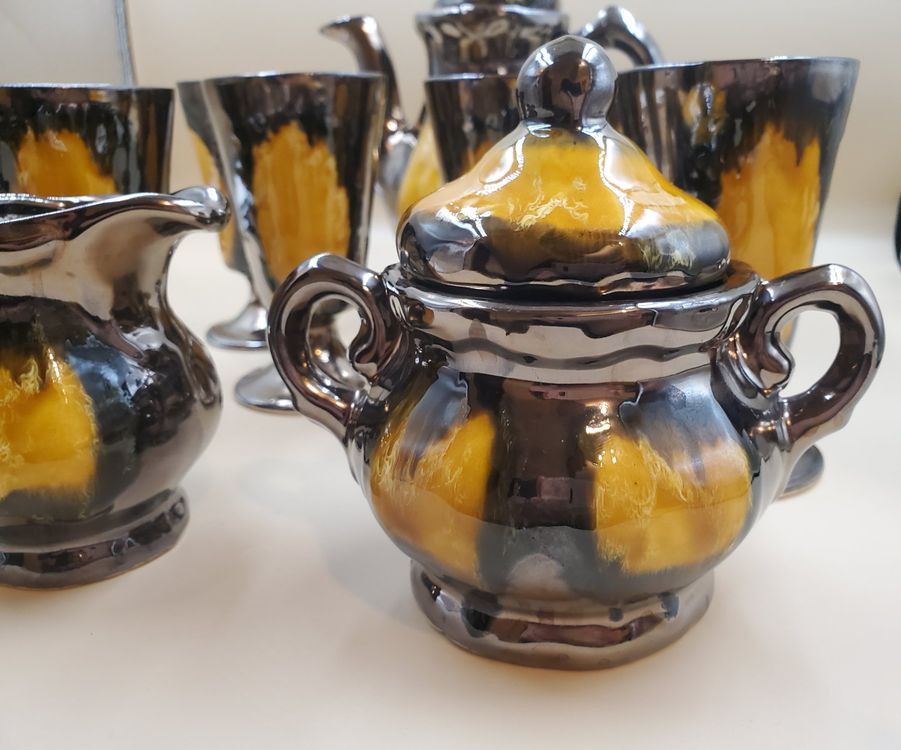 Service à thé/café céramique Vallauris bronze et jaune (D #39 occasion) à