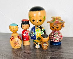 5 vintage Kokeshi Holzpuppen Japan