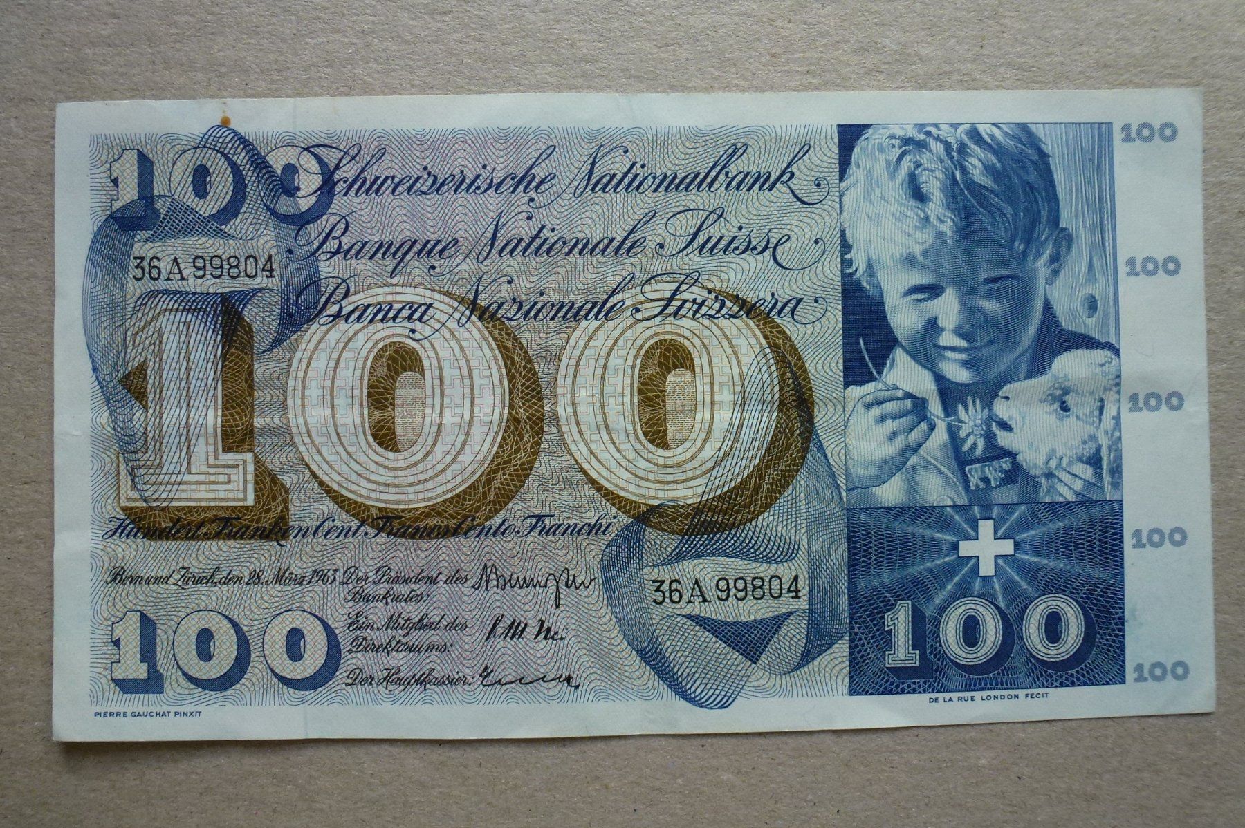 Banconote: Schweiz ++ 100 Franken 28. März 1963 – Usato da Walkringen venduto da Casablanca777