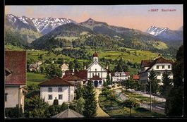AK Sachseln, Kirche und Ortspartie mit Bergpanorama