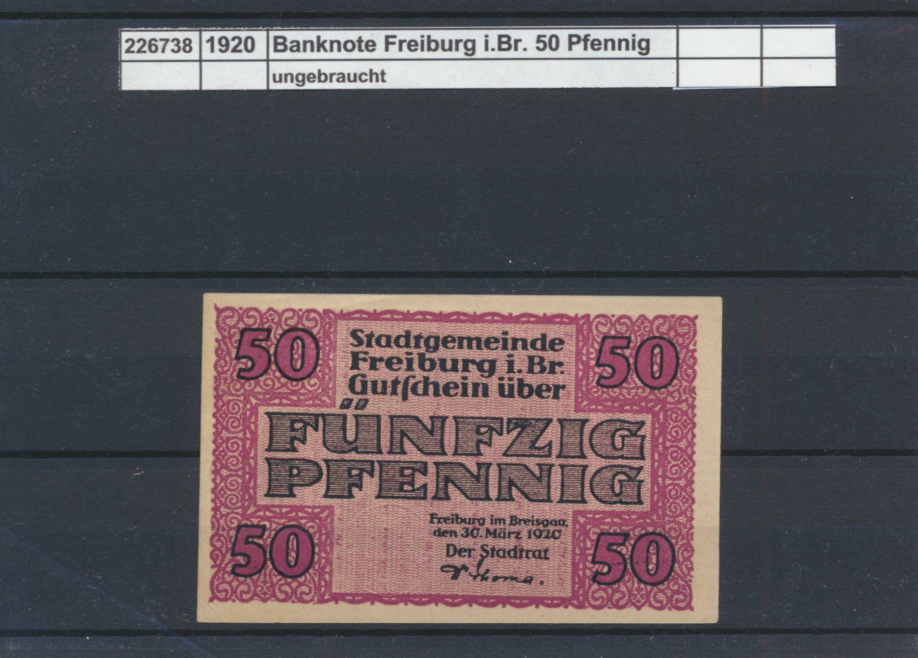 Banknoten: 1920 Stadtgemeinde Freiburg, "Banknote - 50 Pfg.", Neu – Neu (gemäss Beschreibung) aus Winterthur von Zupogeru