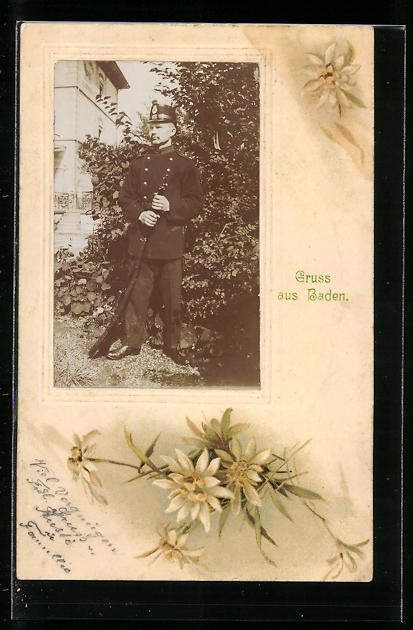 Cartoline postali: AK Baden, Soldat in Uniform mit Gewehr – Usato da Berlin venduto da bartko-reher