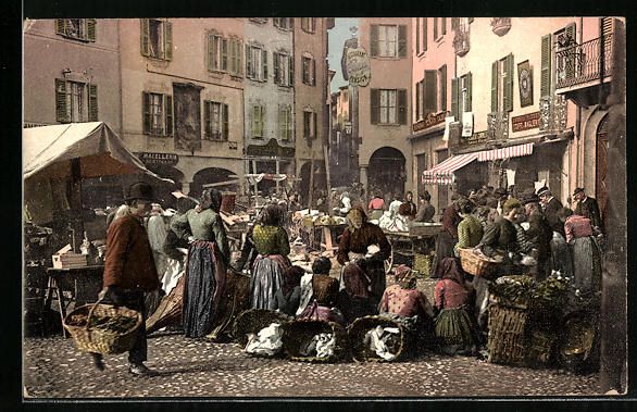 Cartoline postali: Lugano, Mercato, auf dem Wochenmarkt – Usato da Berlin venduto da bartko-reher