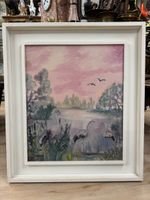 Tolles Vintage Ölgemälde „Flamingos in Seelandschaft“ Bandi