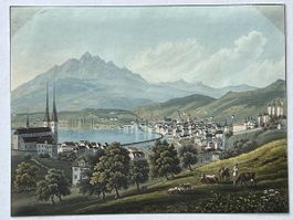 Kolorierte Aquatinta Luzern gegen den Pilatus um 1850
