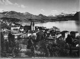 Vintage Wehrli um 1900, Luzern mit Alpen, 16x22 cm