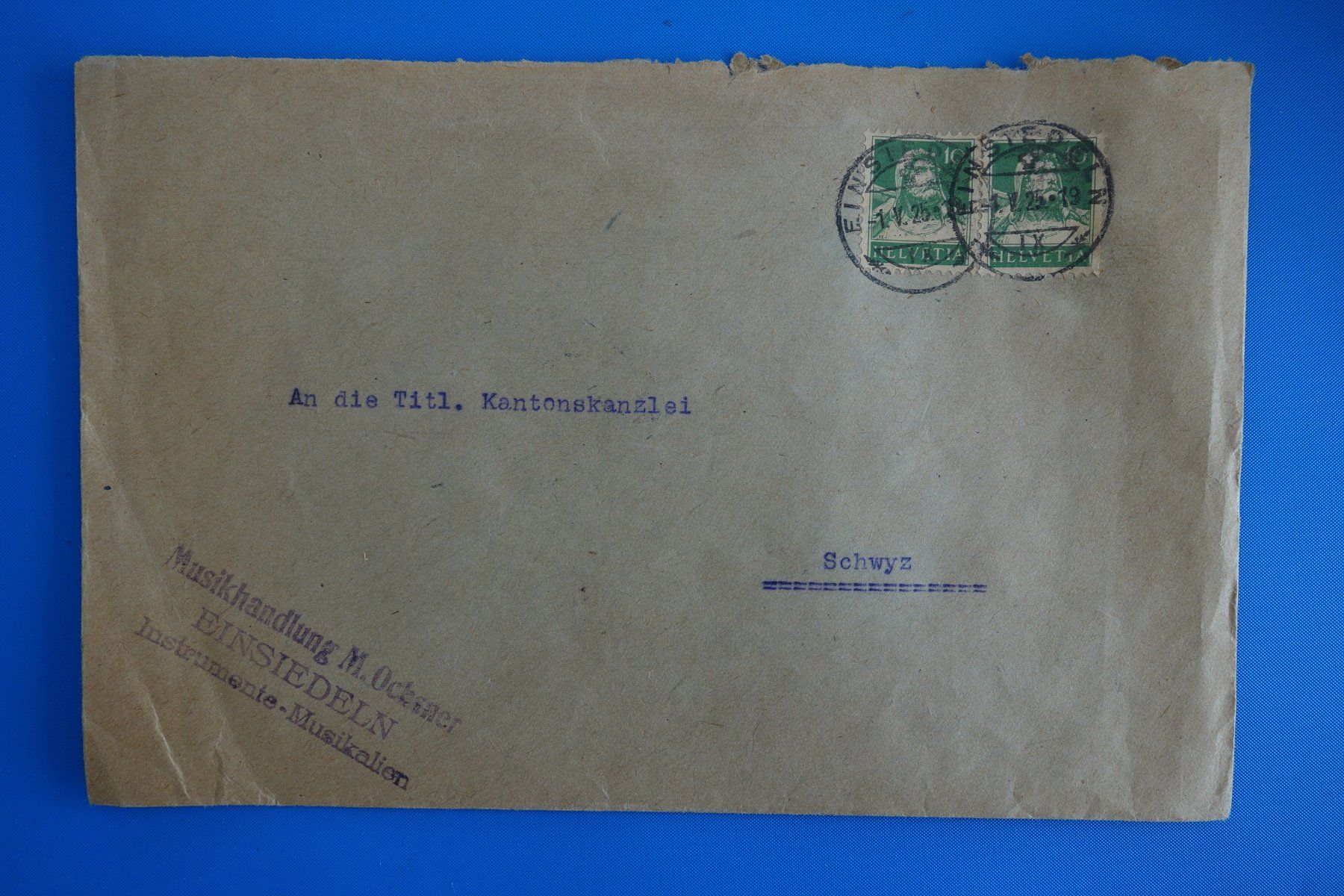 Cartoline postali: EINSIEDELN - BRIEFCOUVERT - MUSIKHANDLUNG OCHSNER - 1925 – Usato da Ibach venduto da Ibanto