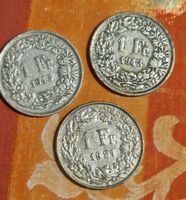 3x 1 Franken Münzen Schweiz 1921, 1943, 1945