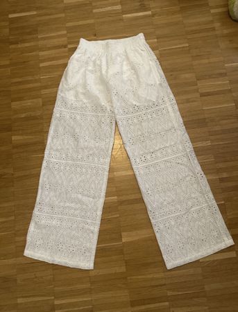 Pantalon blanc brodé taille haute jambe large taille M