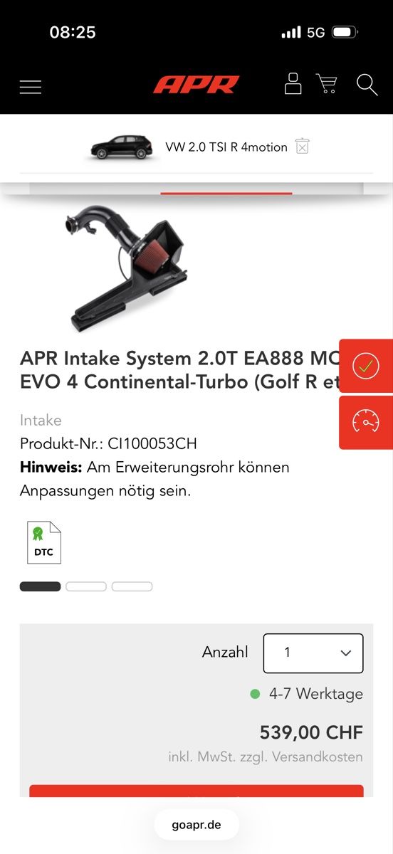 Volkswagen Alle Autoersatzteile: APR Intake System 2.0T EA888 Evo4 Continental Turbo – Gebraucht aus Signau von saendu9797 1