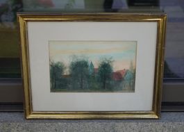 Gemälde Aquarell ''Bäume mit Dorfkirche'' gerahmt (S278)