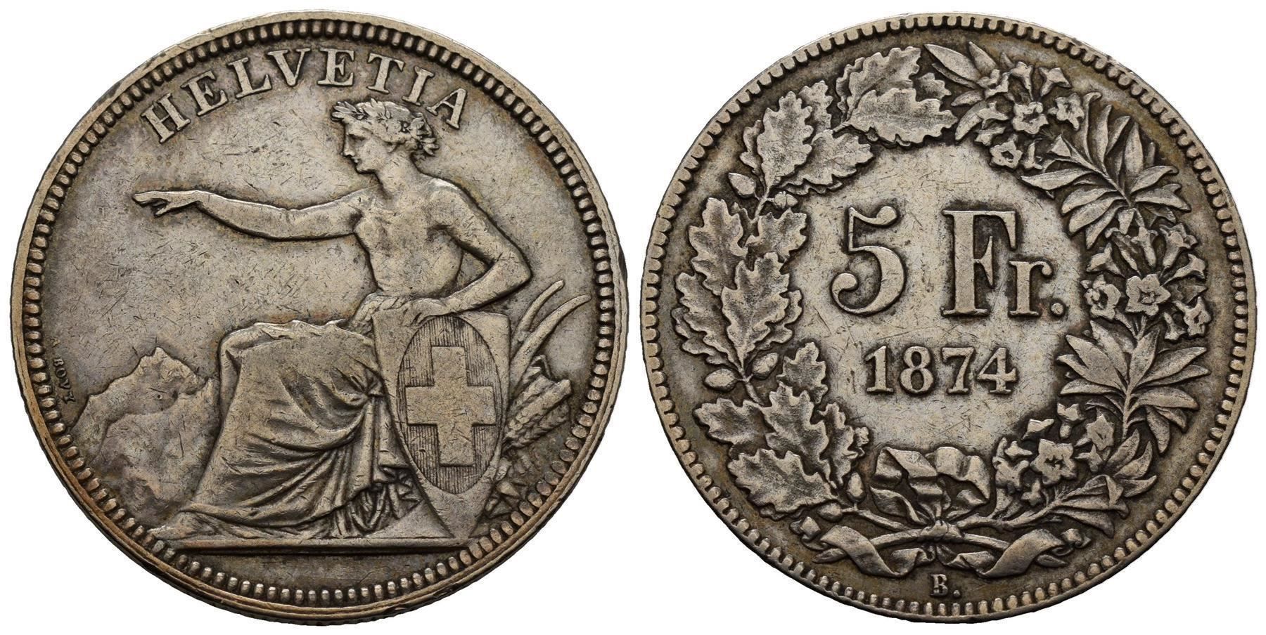 Alle Münzen: 5 Franken 1874 B.  ,  /131/ – Gebraucht aus Trimbach von Solothurn1