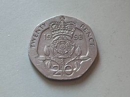 20 Pence (venti penny) del Regno Unito coniato nel 1993