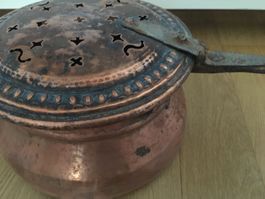 Antiker Kupfertopf mit Deckel und Stiel, Vintage