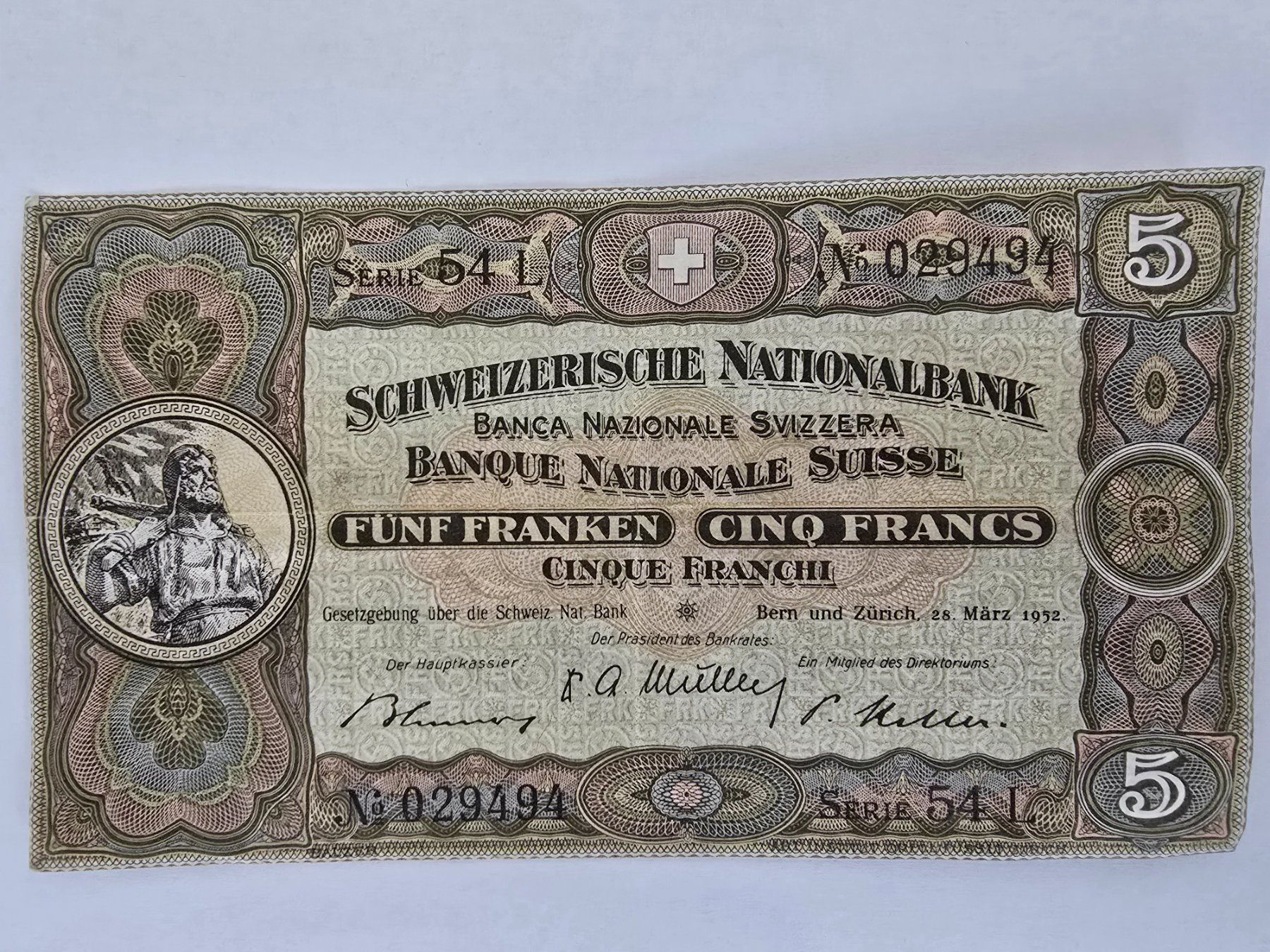 Banconote: 5-Schweizer-Franken-Note 1952 Série 54L – Usato da Neuenhof venduto da brasvarela