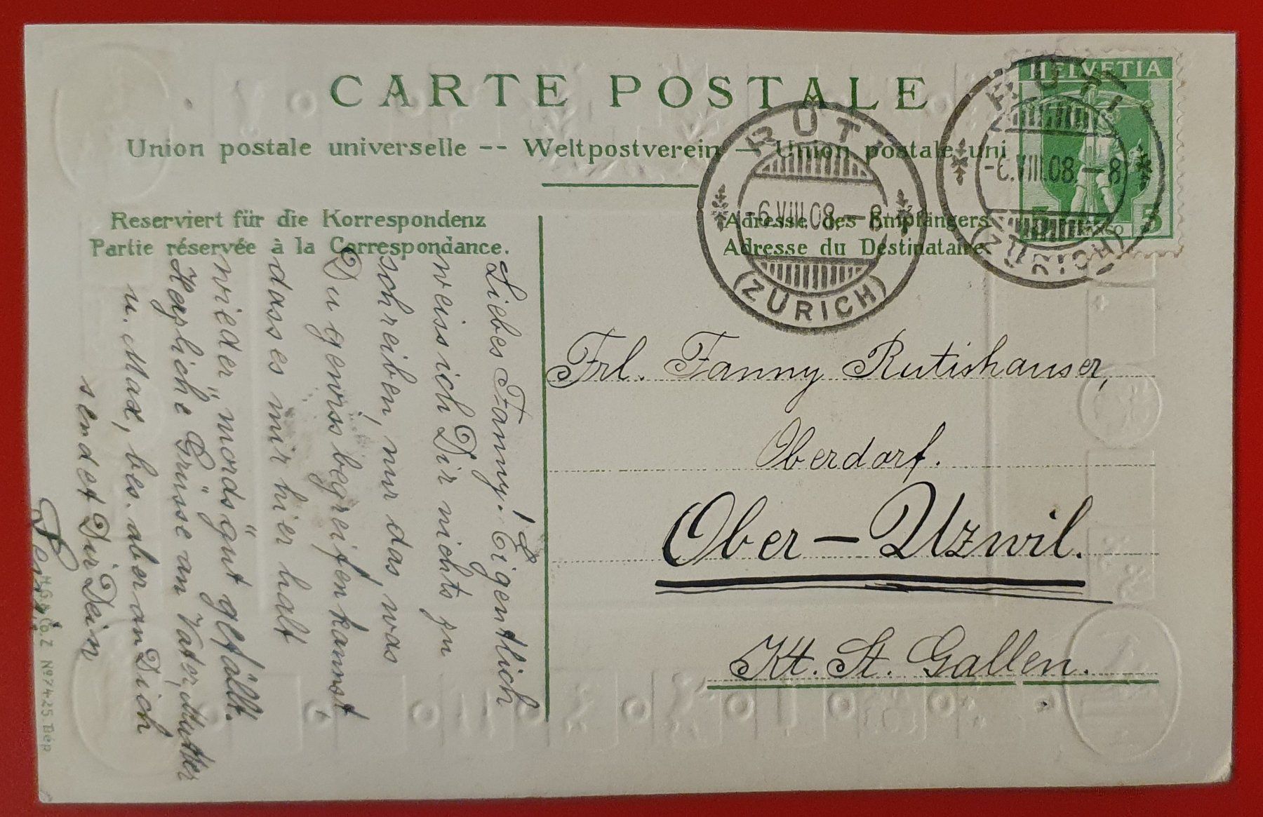 Cartoline postali: Rüti 1908 - Prägekarte – Usato da Kreuzlingen venduto da Rschweiz1 1