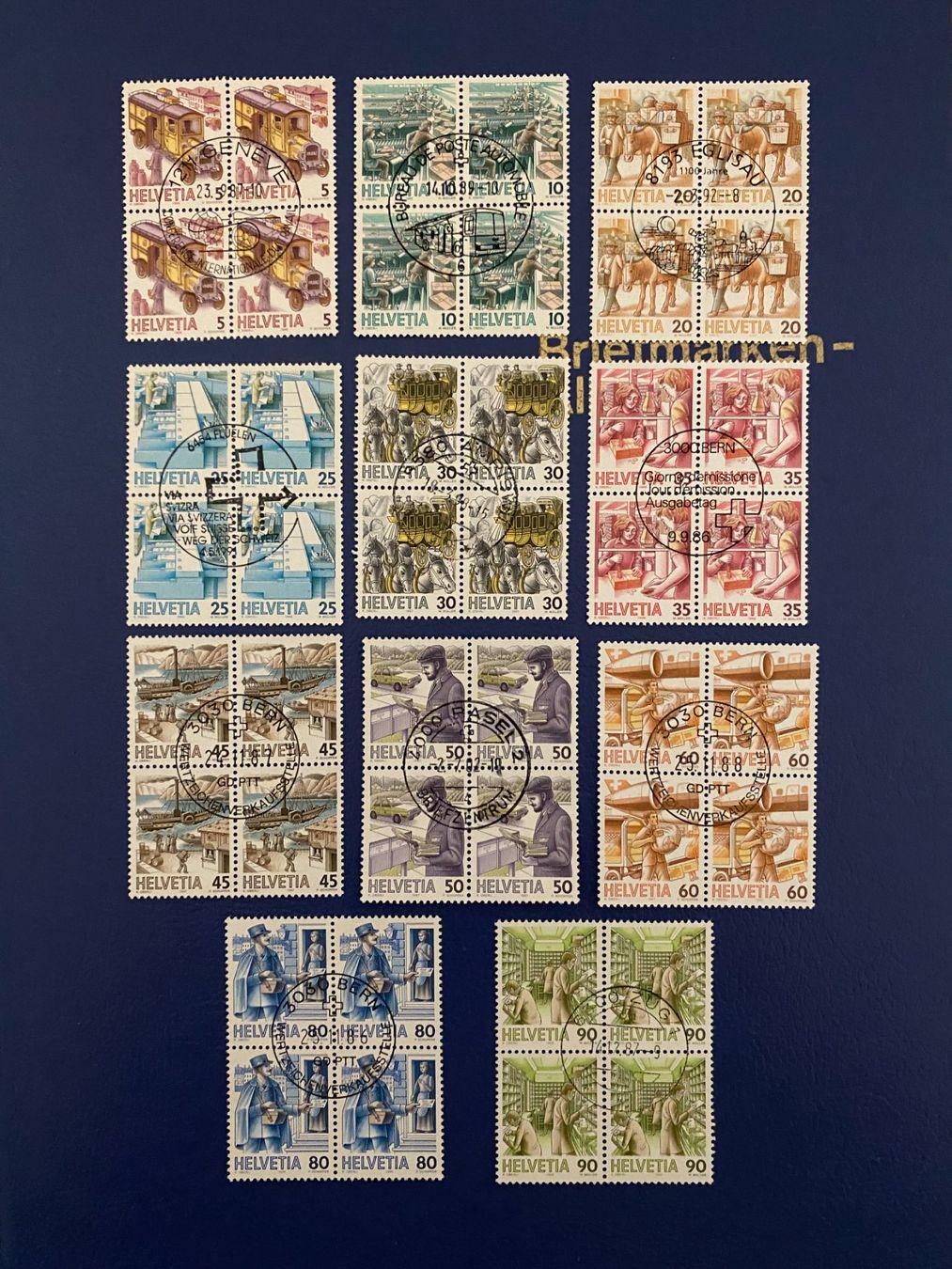 Alle Briefmarken: Schöne gestempelte viererblock,Postbeförderung – Gebraucht aus matten b. interlaken von jfran17
