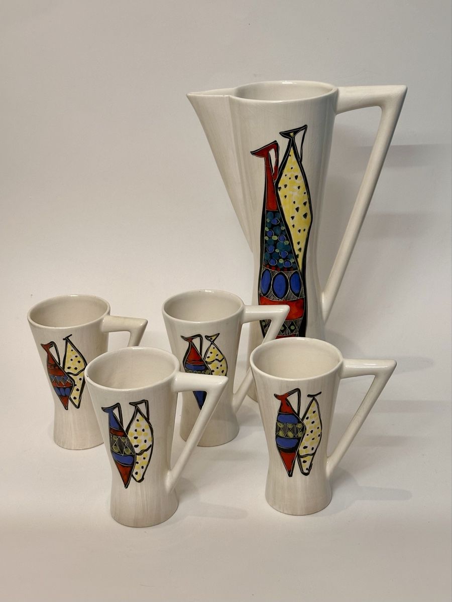Caraffe: Mid Century Modern Keramik Karaffe mit Bechern – Usato da Lustmühle venduto da Belair1955 1