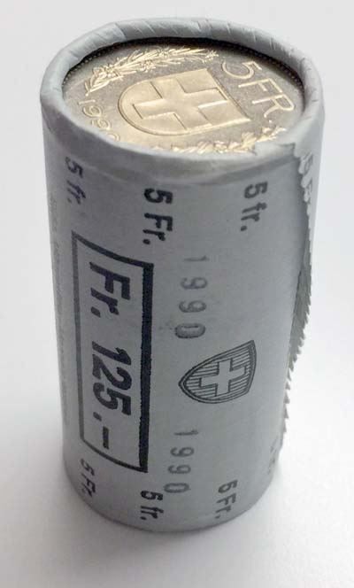 Tutti le monete: 5 Franken 1990 Originalrolle RAR! – Nuovo e nell'imballaggio originale da Heerbrugg venduto da Swissphila