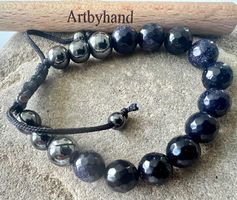 Unisex-Armband nachtblauer Goldfluss & Hämatit - verstellbar