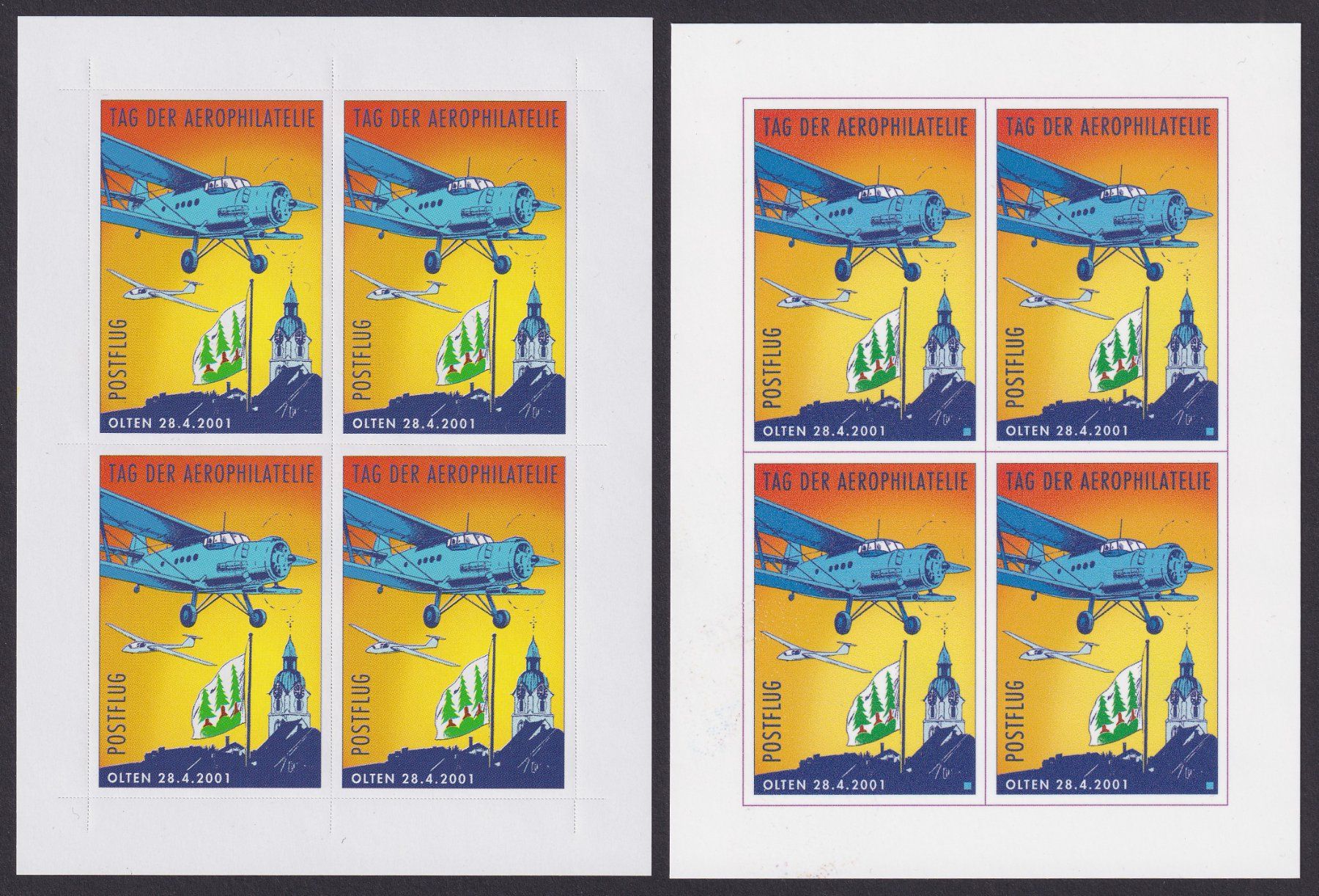 Alle Briefmarken: 2 verschiedene Flugspende Vignetten, Postflug OLTEN, 2001 – Gebraucht aus Ebikon von SilvioFreund