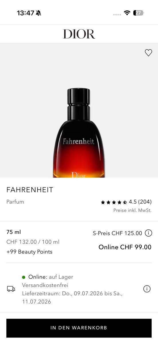 Dior Profumi & Eau de Toilette: Dior Fahrenheit Parfum 75 ml demonstration – Usato da Zürich venduto da sha_vw65 1
